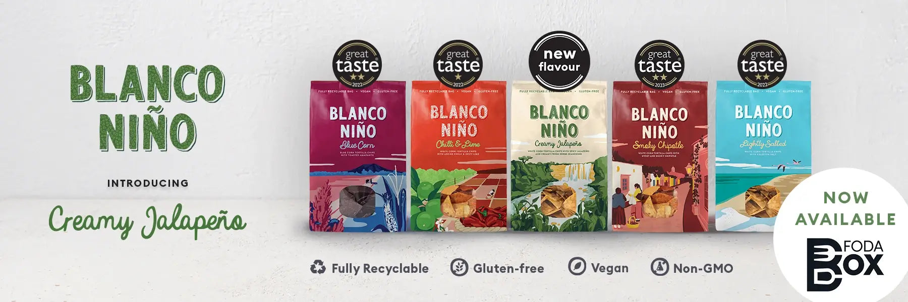 Blanco Nino All 5 Flavours: Lightly Salted, Chilli & Lime, Smoky Chipotle, Blue Corn and Creamy Jalapeno.