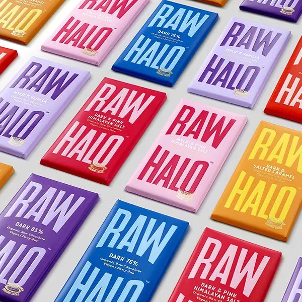 Raw Halo Chocolate bars laid diagonally