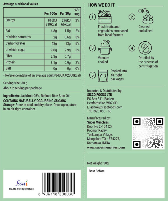 Super Munchies Jackfruit Vacuum Cooked Chips 30 x 50g Back of Bag