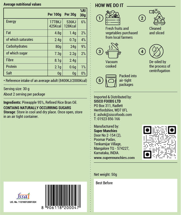 Super Munchies Pineapple Vacuum Cooked Chips 30 x 50g Back of Bag