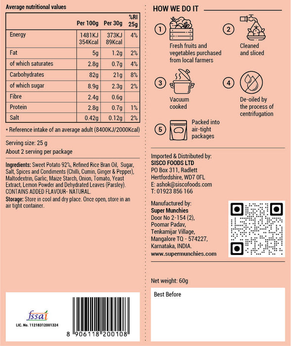 Super Munchies Tandoori Sweet Potato Vacuum Cooked Chips 30 x 60g Back of Bag