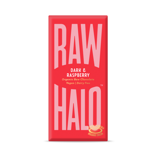 Case of 10 x 70g Organic Dark & Raspberry Raw Chocolate from Raw Halo.